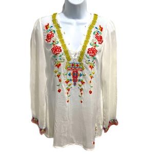 Johnny Was boho embroidered tunic blouse sheer white rayon small